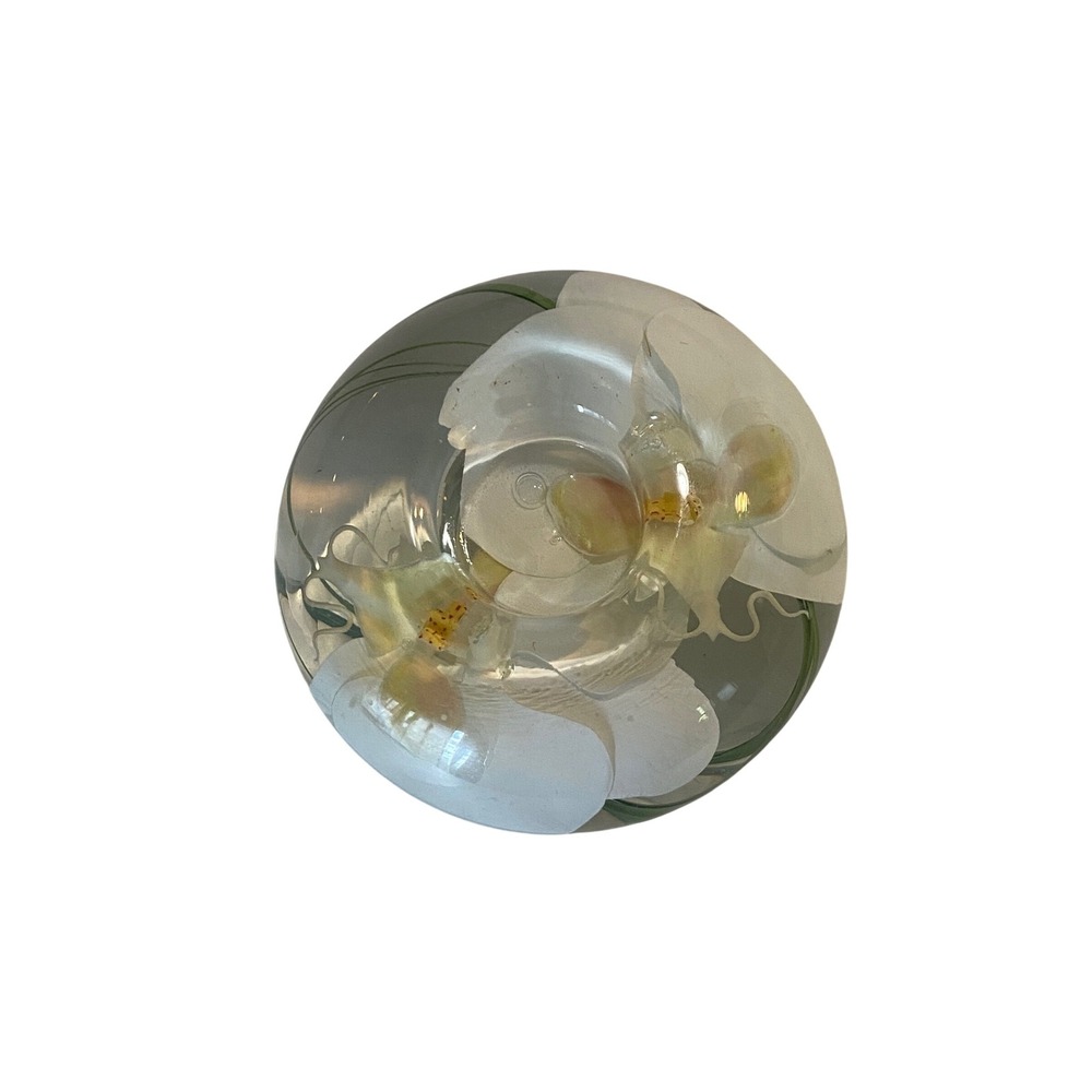 Emilio Robba Illusion Flower Glass Paperweight White Orchid Candle Holder 4.5"